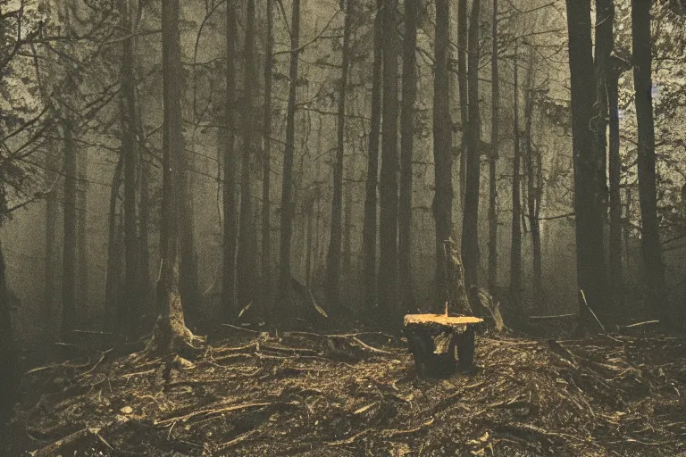 Image similar to terrible dark forest in the depths of which there is a thick butcher in a dirty shirt, chopping meat on a wooden stump, filmed hidden on a phone camera, Cinematic, wildlife photography, 35mm, photo on iphone