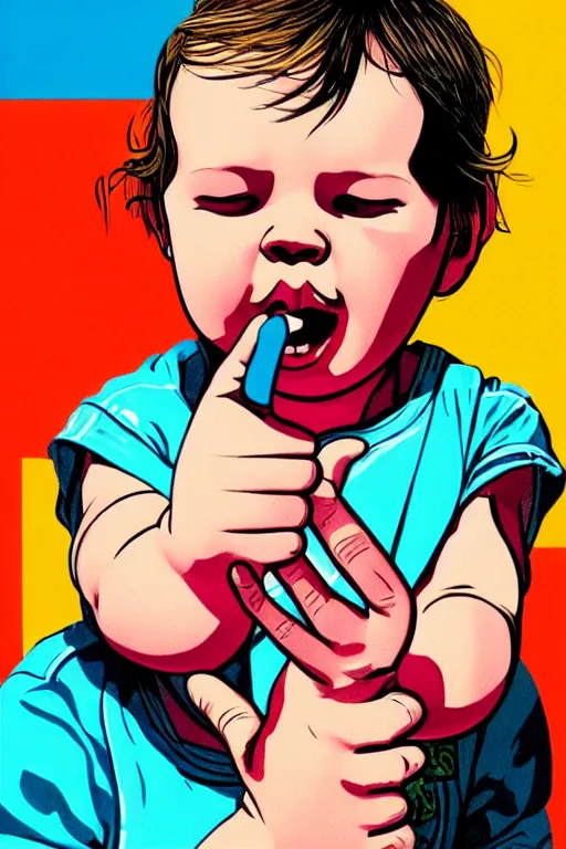 Image similar to a beautifully detailed coloured illustration of the baby boy swearing by sticking two fingers up by andrew salgado and rogier willems