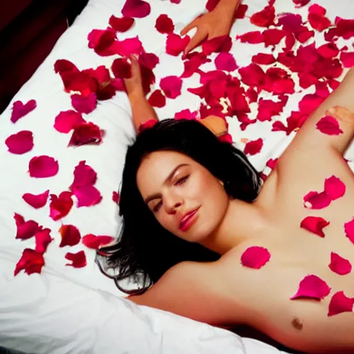 Prompt: a pretty woman lying in a bed that's covered in rose petals,