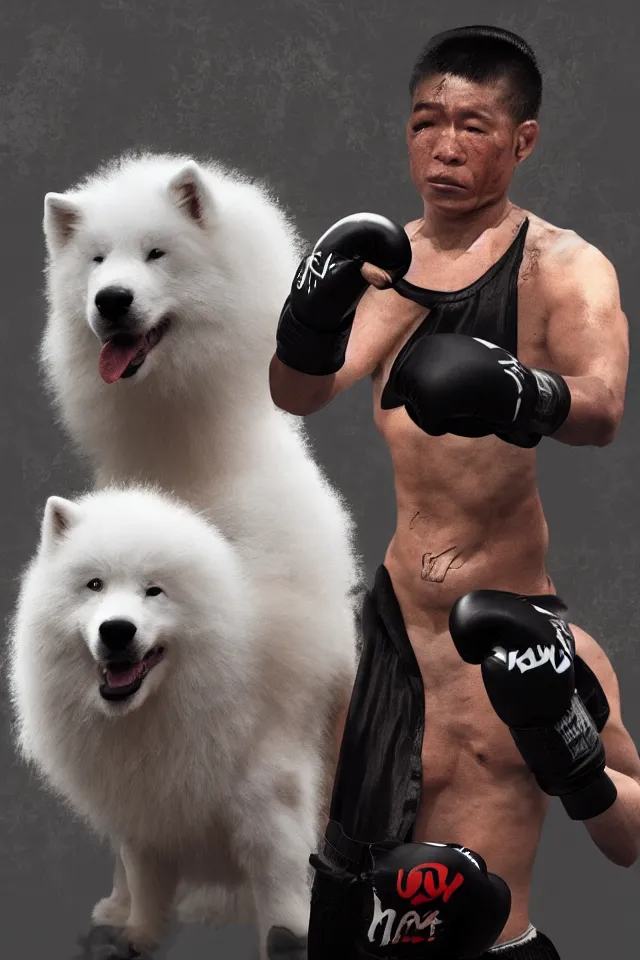 Image similar to samoyed dog head on a human body as a muay thai kickboxer, gloves on hands, Wai Kru Ram Muay, Rajadamnern Stadium, world championship fight, photorealistic, cinematic lighting, 4k