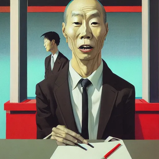 Image similar to Portrait of Japanese wearing a business suit , very coherent, painted by Edward Hopper, Wayne Barlowe, painted by James Gilleard, airbrush, art by JamesJean