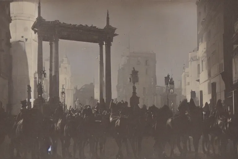 Image similar to la puerta de alcala en madrid, de noche, autochrome photo, en color, 1 9 2 3, iluminacion nocturna, luna en el cielo, bandera republicana ondeando, carruajes y caballos,