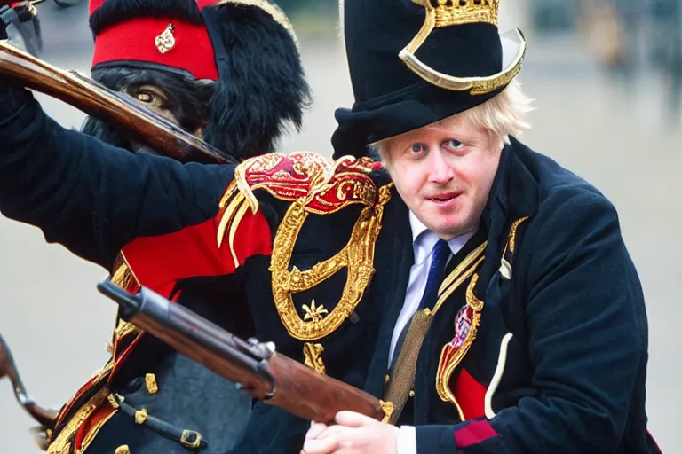 Image similar to closeup portrait of boris johnson dressed as a queen's guard firing a musket in a london street, natural light, sharp, detailed face, magazine, press, photo, steve mccurry, david lazar, canon, nikon, focus