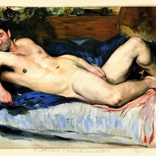 Prompt: Jon Hamm in Edouard Manet's Olympia, 1863