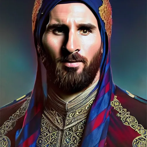 Prompt: lionel messi wearing islamic clothes, d & d, fantasy, intricate, elegant, highly detailed, digital painting, artstation, concept art, matte, sharp focus, illustration, art by artgerm and greg rutkowski and alphonse mucha