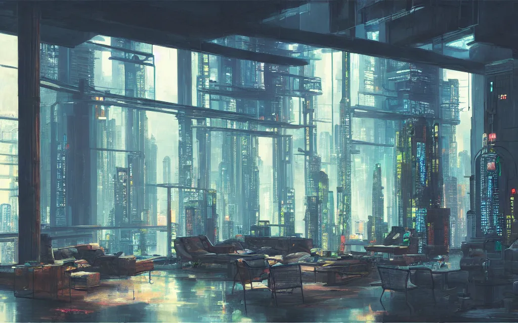 Image similar to cyberpunk loft lounge with tall windows, no people, city in background, drawn by feng zhu, sparse plants, dim painterly lighting volumetric aquatics, impasto