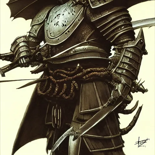 Image similar to quarter length portrait of an armored samurai hobgoblin, d & d, fantasy, greg rutkowski, frank frazetta, alexandre chaudret, boris vallejo, michael whelan, miro petrov, hr giger, magali villeneuve, donato giancola