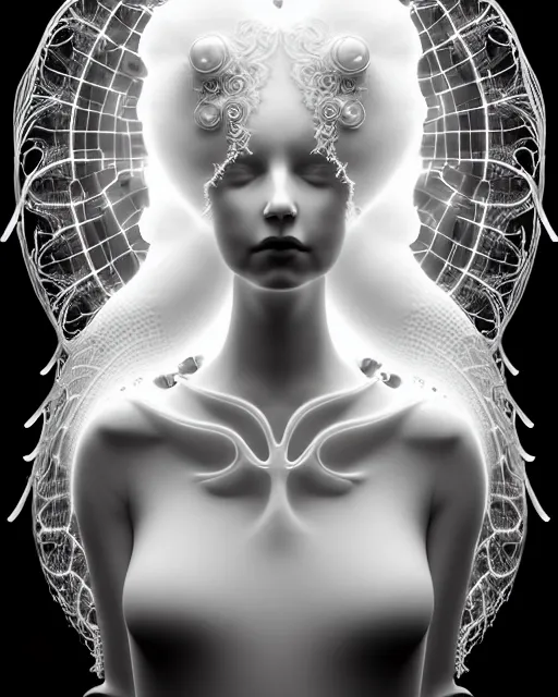 Prompt: dreamy foggy soft luminous bw 3 d octane render, beautiful spiritual angelic biomechanical mandelbrot fractal albino girl cyborg with a porcelain profile face, very long neck, halo, white smoke, rim light, big leaves and stems, fine foliage lace, alexander mcqueen, art nouveau fashion pearl embroidered collar, steampunk, silver filigree details, hexagonal mesh wire, elegant