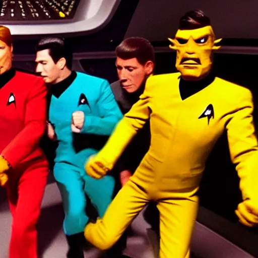 Image similar to star trek banana monsters punching red suit captain duel