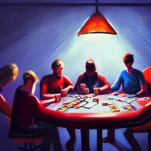 Prompt: people playing poker on a table by alena aenami and annato finnstark