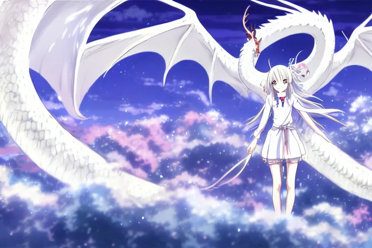 Image similar to anime art full body portrait character concept art, super large scene, be surrounded by a huge silver white dragon center, lie on white clouds fairyland, anime key visual of white dragon and girl, finely detailed perfect face delicate, distant lens, style of raphael lacoste, trending on pixiv fanbox, james jean, studio ghibli, xision, extremely high quality artwork