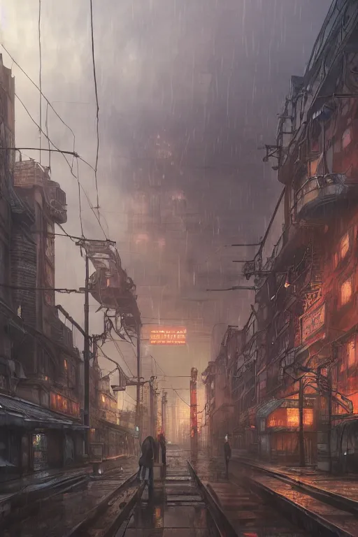 Image similar to a highly detailed matte painting of a soviet steampunk industrial zone in lightning storm and heavy rain by studio ghibli, makoto shinkai, by artgerm, by wlop, by greg rutkowski, volumetric lighting, octane render, 4 k resolution, trending on artstation, masterpiece