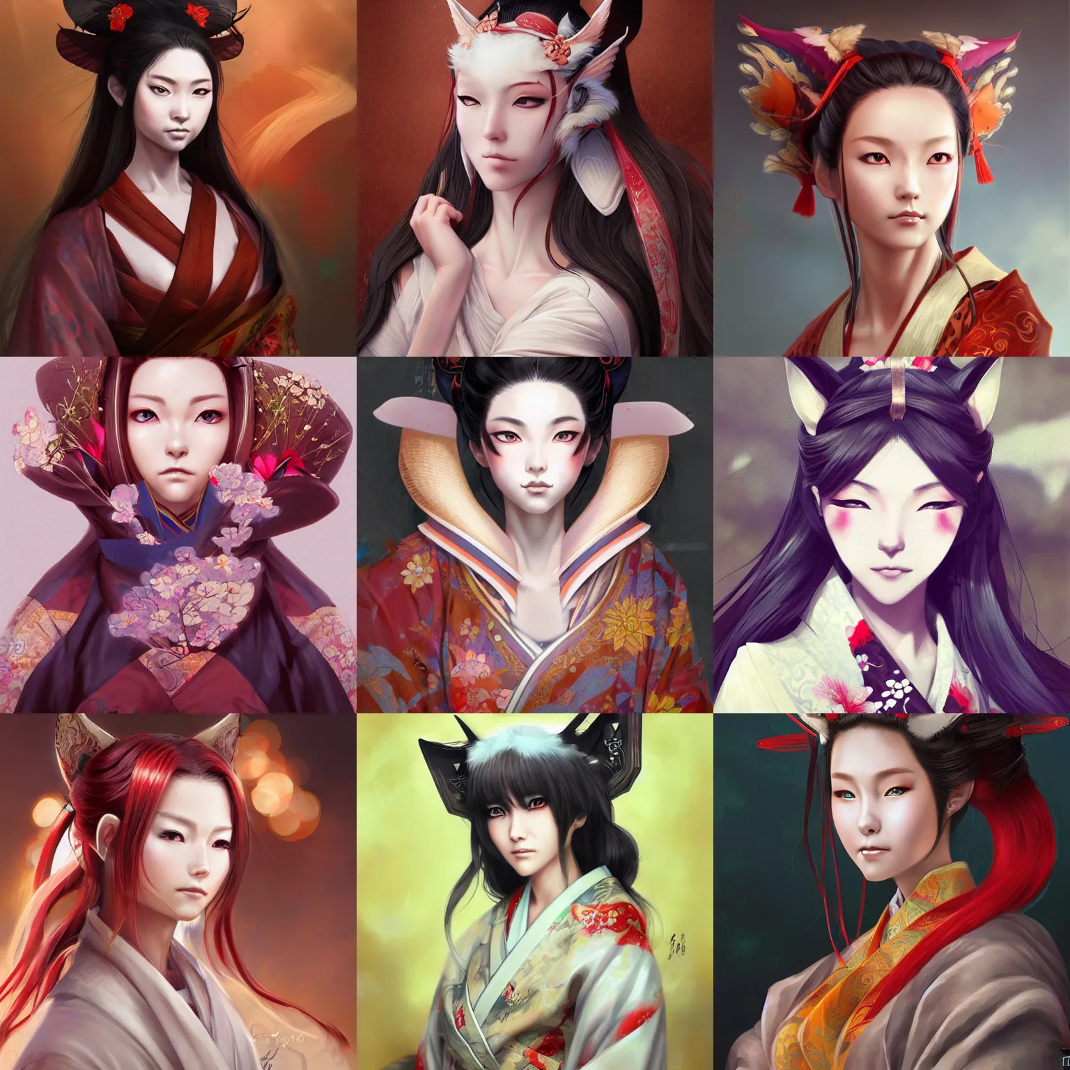 Image similar to A realistic anime portrait of a beautiful kitsune woman with a human face wearing a kimono, from Skyrim, digital painting, by Stanley Artgerm Lau, WLOP, and Rossdraws, digtial painting, trending on ArtStation, deviantart