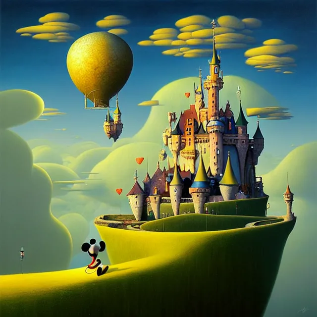 Image similar to gediminas pranckevicius an oil on canvas portrait painting of mickey mouse, surrealism, surrealist, cosmic horror, rob gonsalves, high detail fantastic world castle happy place, volumetric light godray