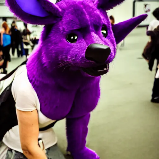 Image similar to A bust photograph taken at a furry convention of a purple dog fursuit with alien antennas