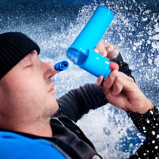 Prompt: a man wearing a hoodie, using a groan tube as a snorkel, whilst holding a blue inhaler, high detail, 4 k