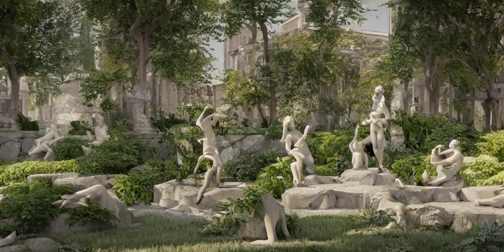 Prompt: Garden Utopia, mind puzzles, marble statues, surrealism, outside, intricate artwork by caravaggio. Trending on artstation, octane render, cinematic lighting from the right, hyper realism, octane render, 8k, depth of field, 3D