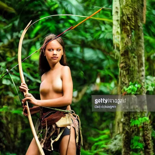 Image similar to photography, female heroine in the jungle hunting with bow and arrow, with pick axe, gettyimages, realistic face