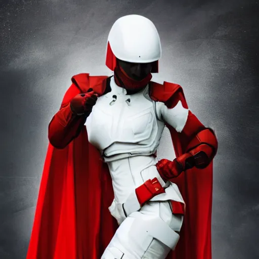Image similar to a young female soldier, no makeup, in glossy sleek white armor inspired by samus aran, blood stains, dings and scratches, soot marks, long red cape, heroic posture, determined expression, no helmet, on the surface of mars, dramatic lighting, cinematic, sci-fi, hyperrealistic, detailed