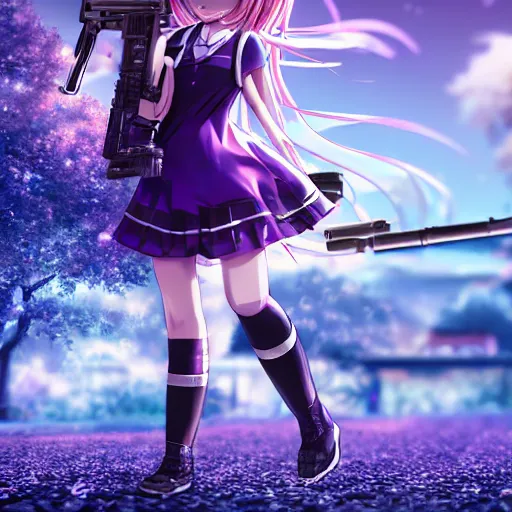 Prompt: advanced digital anime art, Sakimichan , a small school girl with silver hair wearing a violet dress and bare feet aiming through a PSG1 sniper rifle, DOF, Gaussian Blur, —W 1920