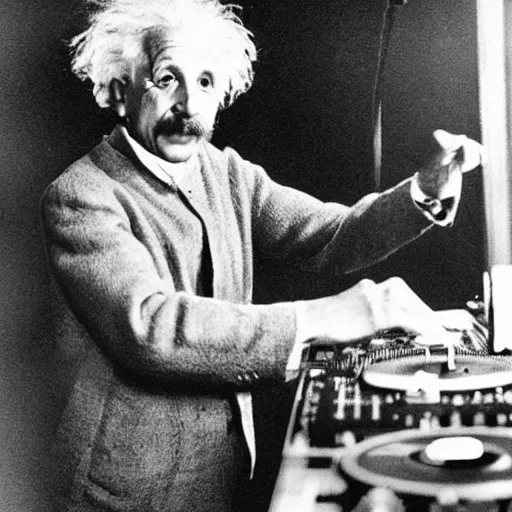 Prompt: photo of albert einstein as a dj behind the dj decks in the club with headphones on and in a cool pose