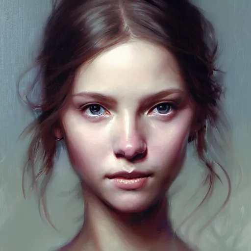 Image similar to Facial portrait of a cute girl, looking at the camera, slight awkward smile, lips slightly parted, no hands visible, blushing, intricate, extremely detailed painting by Greg Rutkowski and by Henry Justice Ford and by Steve Henderson