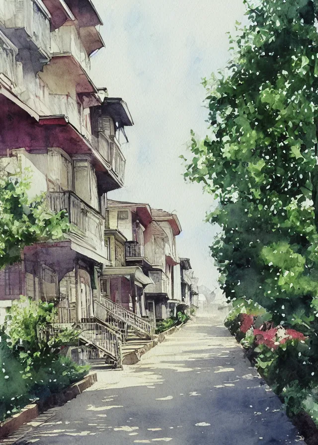 Image similar to street lined with old residential houses summer watercolor by arti chauhan trending on artstation