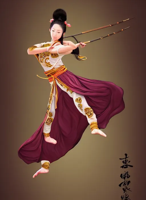 Image similar to full body portrait of a barefoot female dancer using a silk belt as weapon, barefoot, tanned skin, athletic, vivacious, hanfu, fully clothed, absurdly beautiful, chinese ribbon dance, silk belt, scorpion whip, wuxia, battle, detailed, anatomically accurate, fantasy illustration, drawn by wlop, artstation.