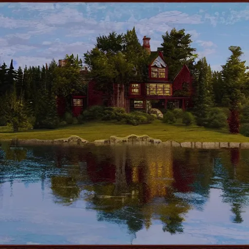 Image similar to Victorian mansion beside an inland lake in rural Maine, artstation, felix Kelly, Bob Ross