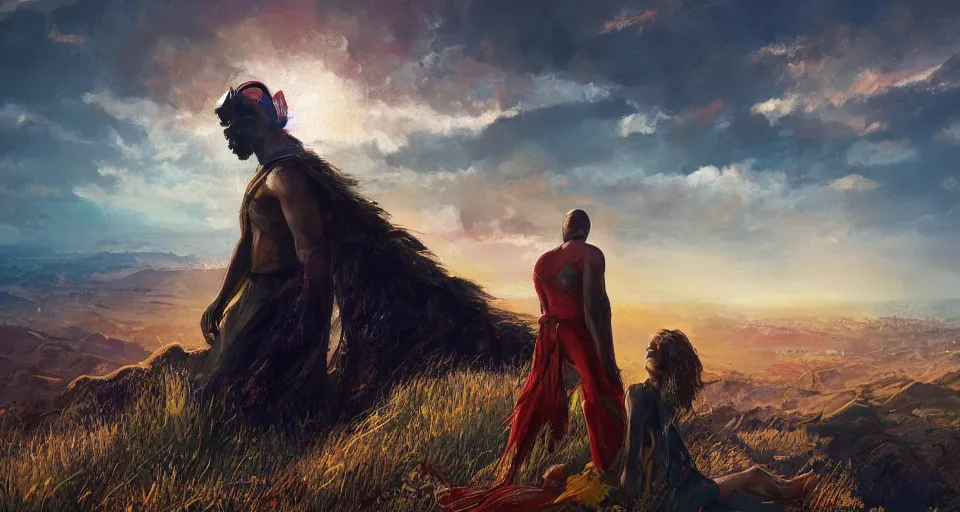 Image similar to a painting of a man and a woman on a hill, a screenshot by Zack Snyder, behance contest winner, afrofuturism, concert poster, behance hd, movie poster,