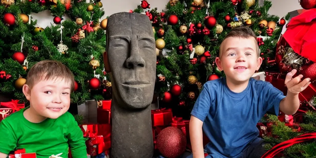 Prompt: disappointed kid after receiving a hyperrealistic giant moai statue for a christmas present. christmas tree as background. wide angle shot. render 5. octane render. highly detailed, trending on reddit. trending on 9 gag, trending on social media memes.