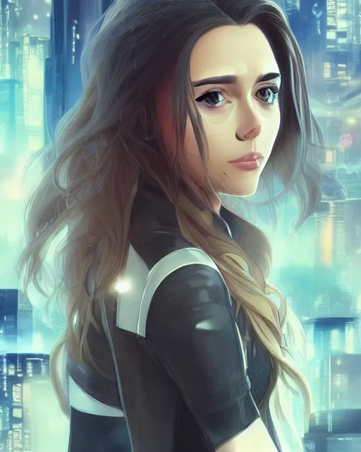 Image similar to anime key visual of elizabeth olsen police officer, cyberpunk, futuristic, perfect eyes, stunning features, perfect face!!, high details, digital painting, artstation, smooth face, soft focus, illustration, art by artgerm and greg rutkowski and alphonse mucha