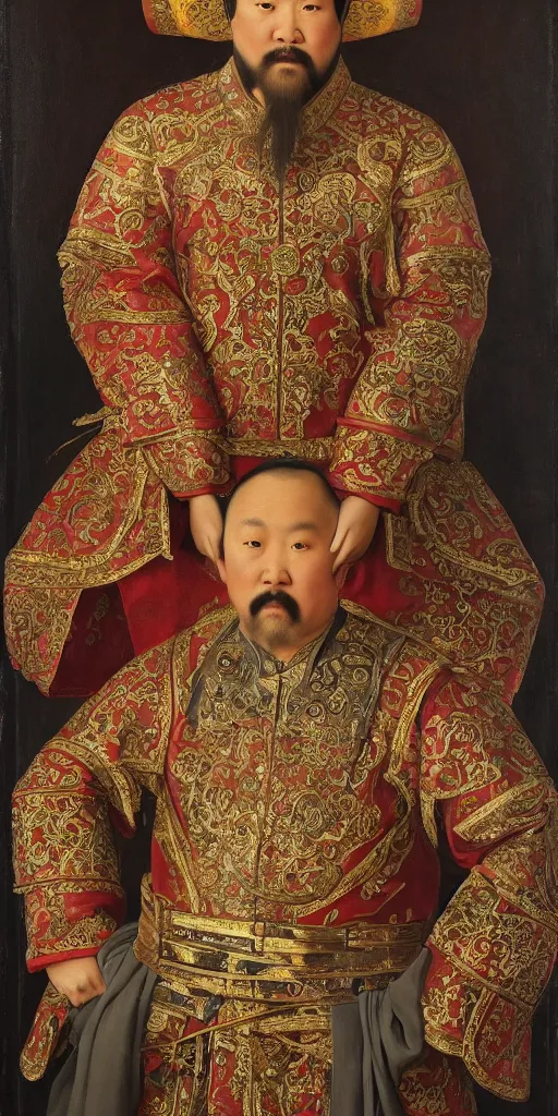 Prompt: Highly detailed and cinematic Renaissance period portrait oil painting of the Mongol Emperor Kublai Khan, an oil painting ((masterpiece)) by ((Josep Tapiró Baró)), dynamic lighting, 8K