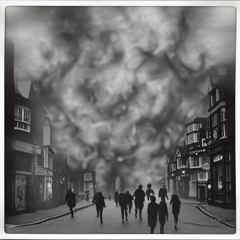 Prompt: evil eldritch smoke and tendril monsters in a typical english high street. terrified people running and screaming. polaroid. photorealistic. highly detailed