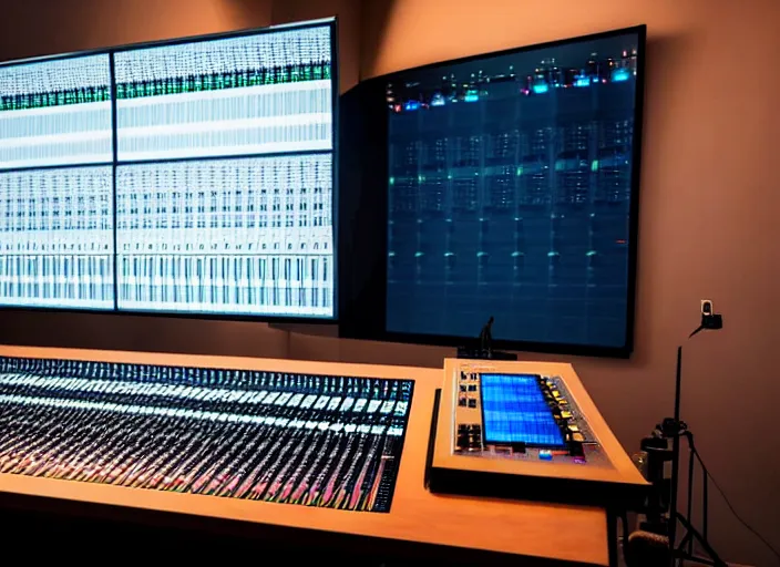 Prompt: studio photo still of an audio mixing board, 8 k, studio lighting, overhead spotlights