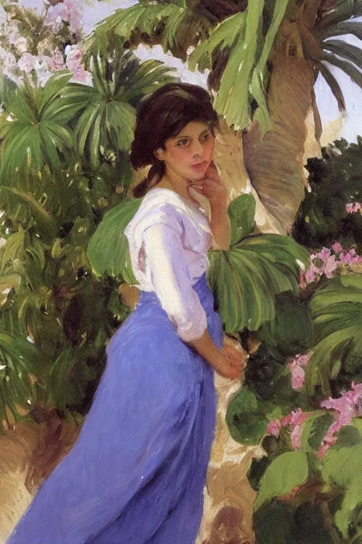 Prompt: portrait of persian girl near a lot of palm trees and bougainvillea, painting by john singer sargent