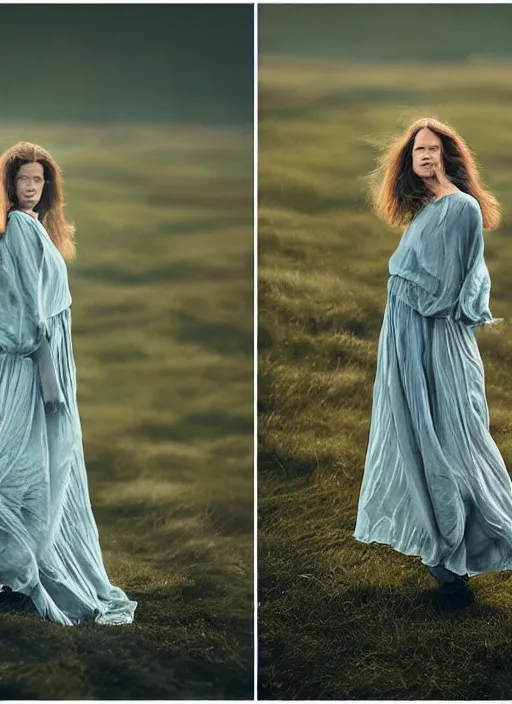 Prompt: cinestill 5 0 d portrait photo of a beautiful woman, nordic type, delicate, subsurface scattering, long hair floating in air in style of annie liebovitz, 1 5 0 mm, windy mood, dress in voile, mute dramatic colours, soft blur outdoor stormy background, volumetric lighting, hyper detailed, hyper realistic