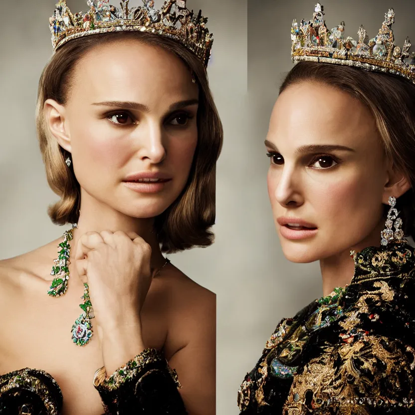 Prompt: natalie portman as the queen of england, big crown adorned with emerald, diamonds, topaz and other jewellaries, sensual, beautiful soft light failling on her face, studio photography, nikon 3 5 mm portrait photography, ultra realistic