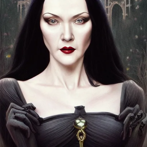 Image similar to catherine o'hara as morticia addams, masterpiece, intricate, elegant, highly detailed, digital painting, artstation, concept art, smooth, sharp focus, illustration, art by artgerm and greg rutkowski and alphonse mucha and uang guangjian and gil elvgren and sachin teng, symmetry!!