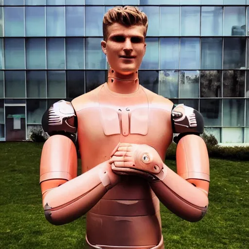 Image similar to a realistic detailed photo of a guy who is an attractive humanoid who is half robot and half humanoid, who is a male android, soccer player timo werner, shiny skin, posing like a statue, blank stare, by the pool, on display, showing off his muscles, humanoid robot, frozen ice statue, made of ice