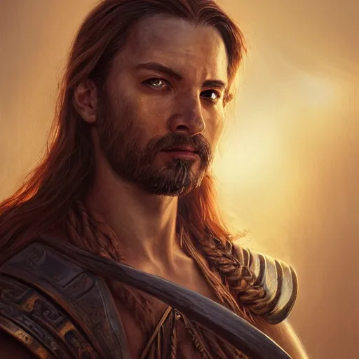 Image similar to Ancient Greece warrior portrait, mysterious atmospheric lighting, painted, intricate, volumetric lighting, beautiful, rich deep colours masterpiece, golden hour, sharp focus, ultra detailed, by Leesha Hannigan, Ross Tran, Thierry Doizon, Kai Carpenter, Ignacio Fernández Ríos