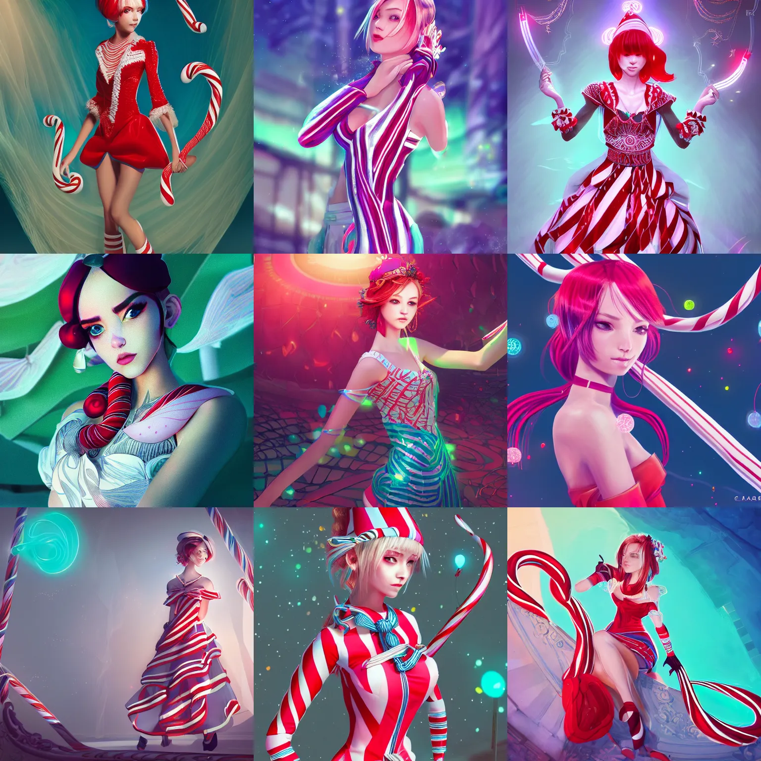 Prompt: a cranky and incredibly beautiful and elegant girl named claire who caught covid and dresses like a candy cane, intricate linework, bright colors, final fantasy, behance contest winner, vanitas, angular, altermodern, unreal engine 5 highly rendered, global illumination, radiant light, detailed and intricate environment
