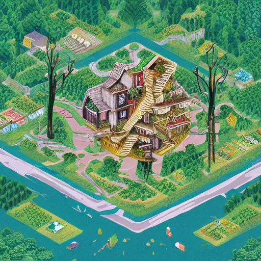 Image similar to Isometric view of a society living on multiple tree houses connected by bridges, intricate, illustration, hyper detailed, detailed