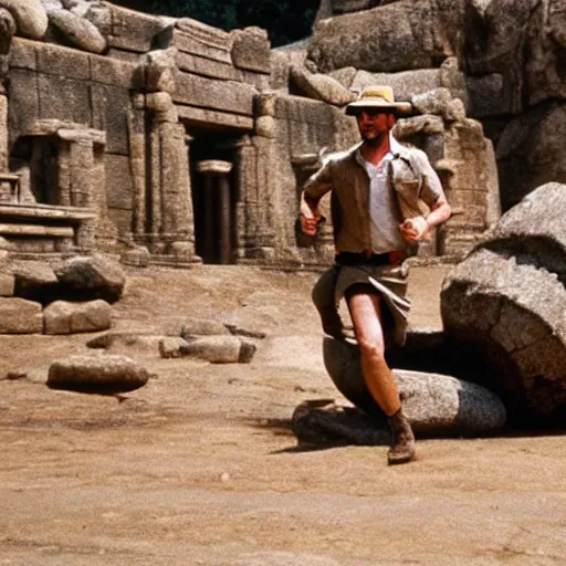 Image similar to Indiana Jones running from rolling boulder trap in ancient temple movie scene