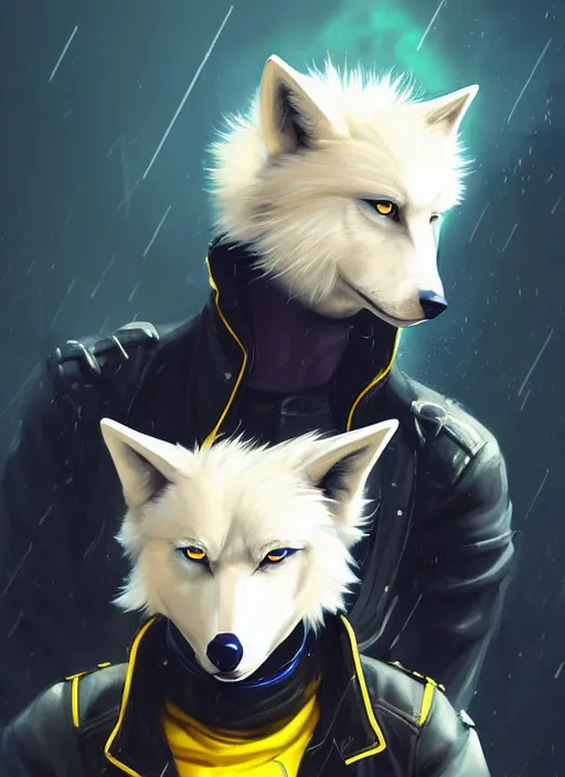 Image similar to award winning beautiful portrait commission of a male furry anthro albino wolf fursona with a tail and a cute beautiful attractive detailed furry face wearing stylish black and yellow cyberpunk biker clothes in a cyberpunk city at night while it rains. Character design by charlie bowater, ross tran, artgerm, and makoto shinkai, detailed, inked, western comic book art