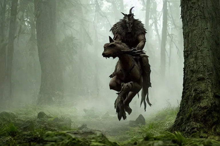 Image similar to vfx movie closeup detailed ancient armored warrior orc hunting riding large wolf in the forest, natural lighting by emmanuel lubezki