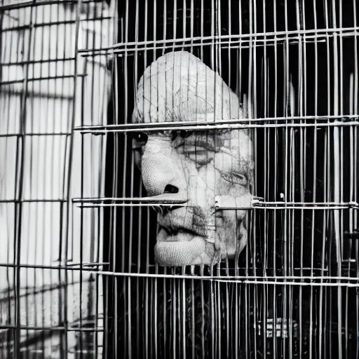 Prompt: bald white man wearing a monkey suit inside a cage. 5 0 mm f 5. 7