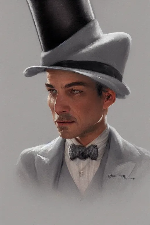 Prompt: a grey hair halfling stubble tophat and suit by Greg Rutkowski, painting, portrait, HD, high details, trending on artstation