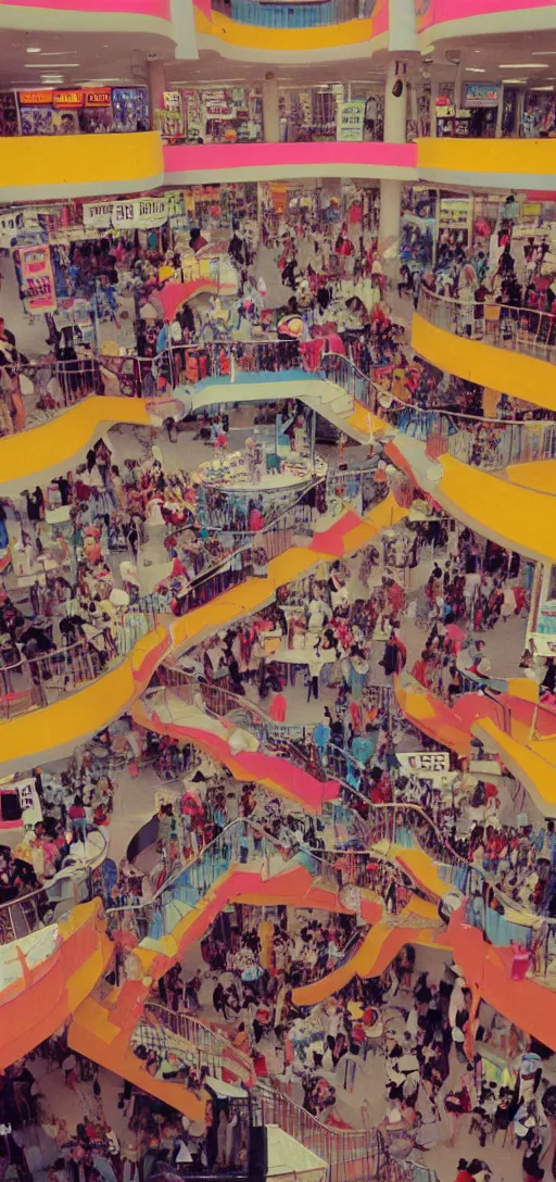 Image similar to the interior of a colorful 1 9 8 0 s mall packed with mall - goers