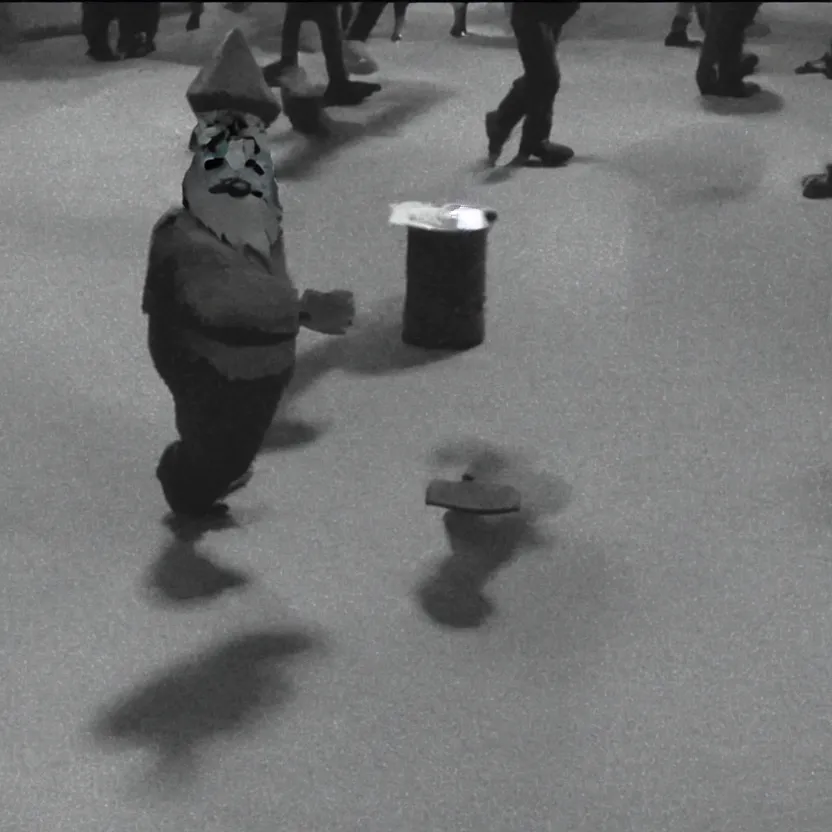 Prompt: cctv footage of a live gnome dancing